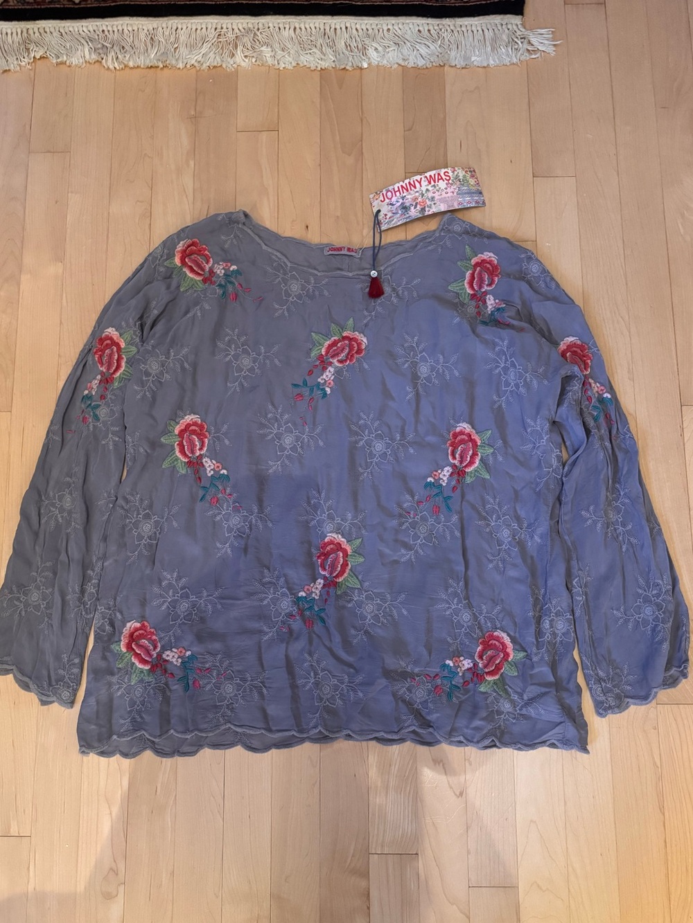 Johnny Was Gray Embroidered Floral Long Sleeve Blouse with Red Roses